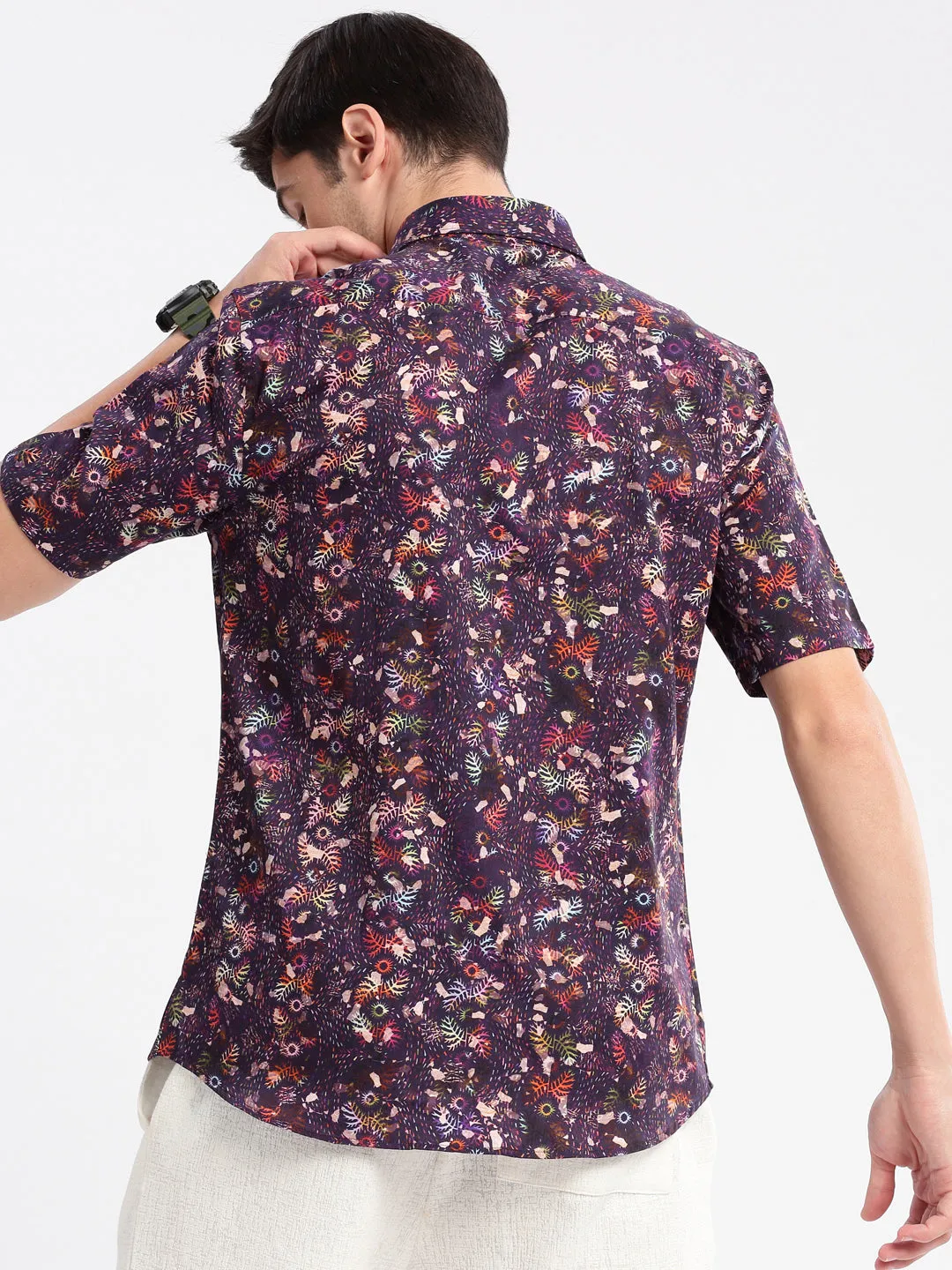 Men Spread Collar Abstract Purple Casual Shirt