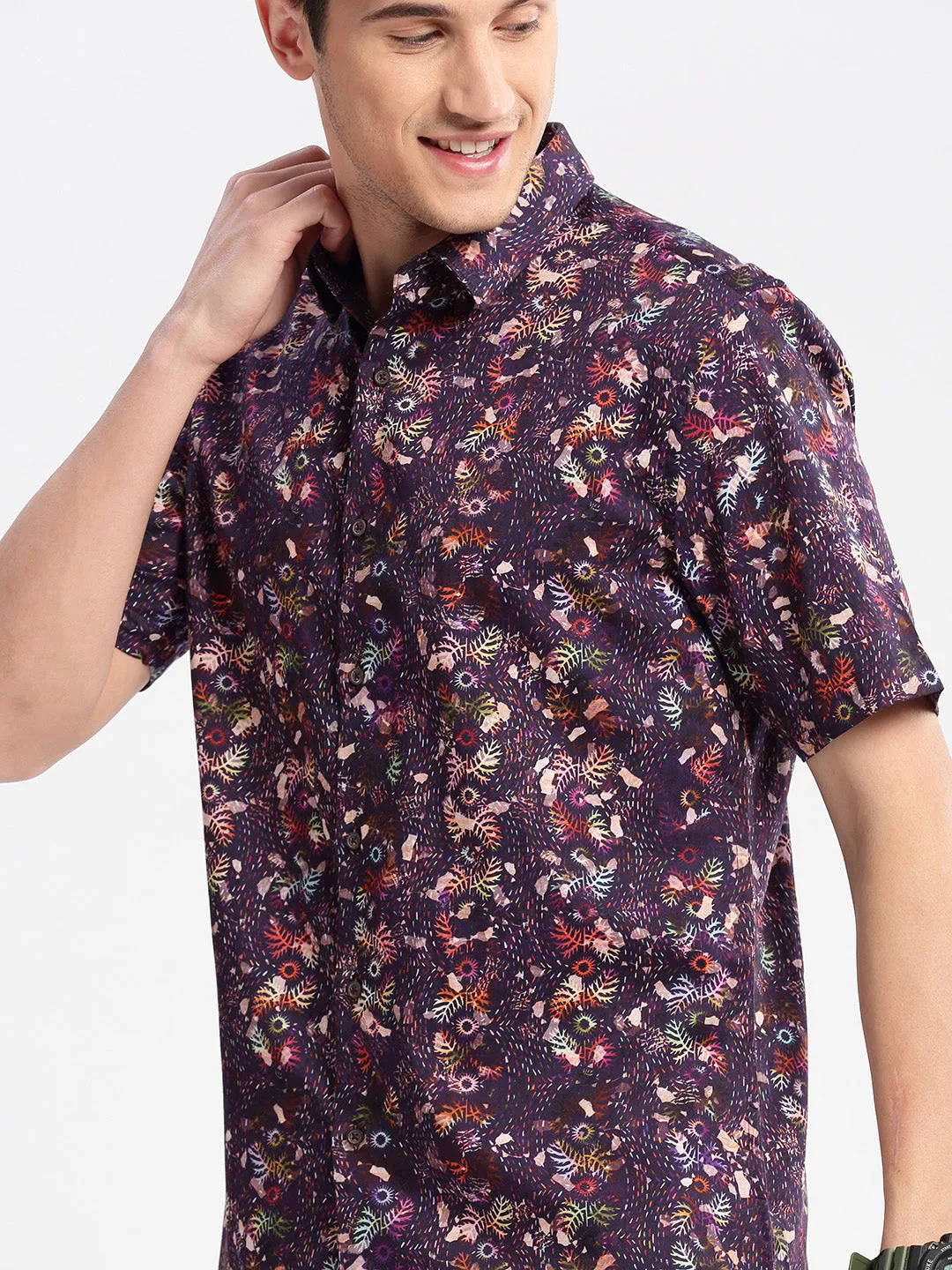 Men Spread Collar Abstract Purple Casual Shirt