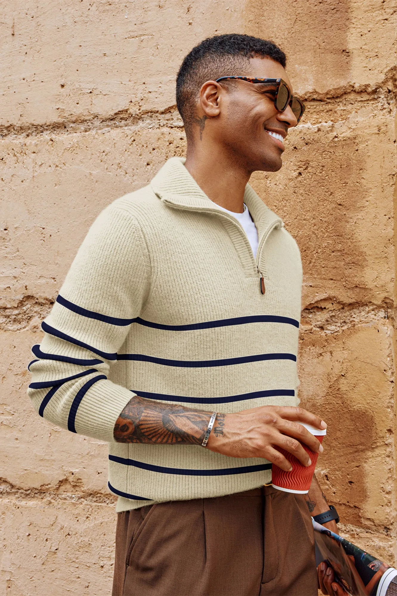 Men Striped Sweater Long Sleeve Lapel Collar Zip-up Neck Pullover