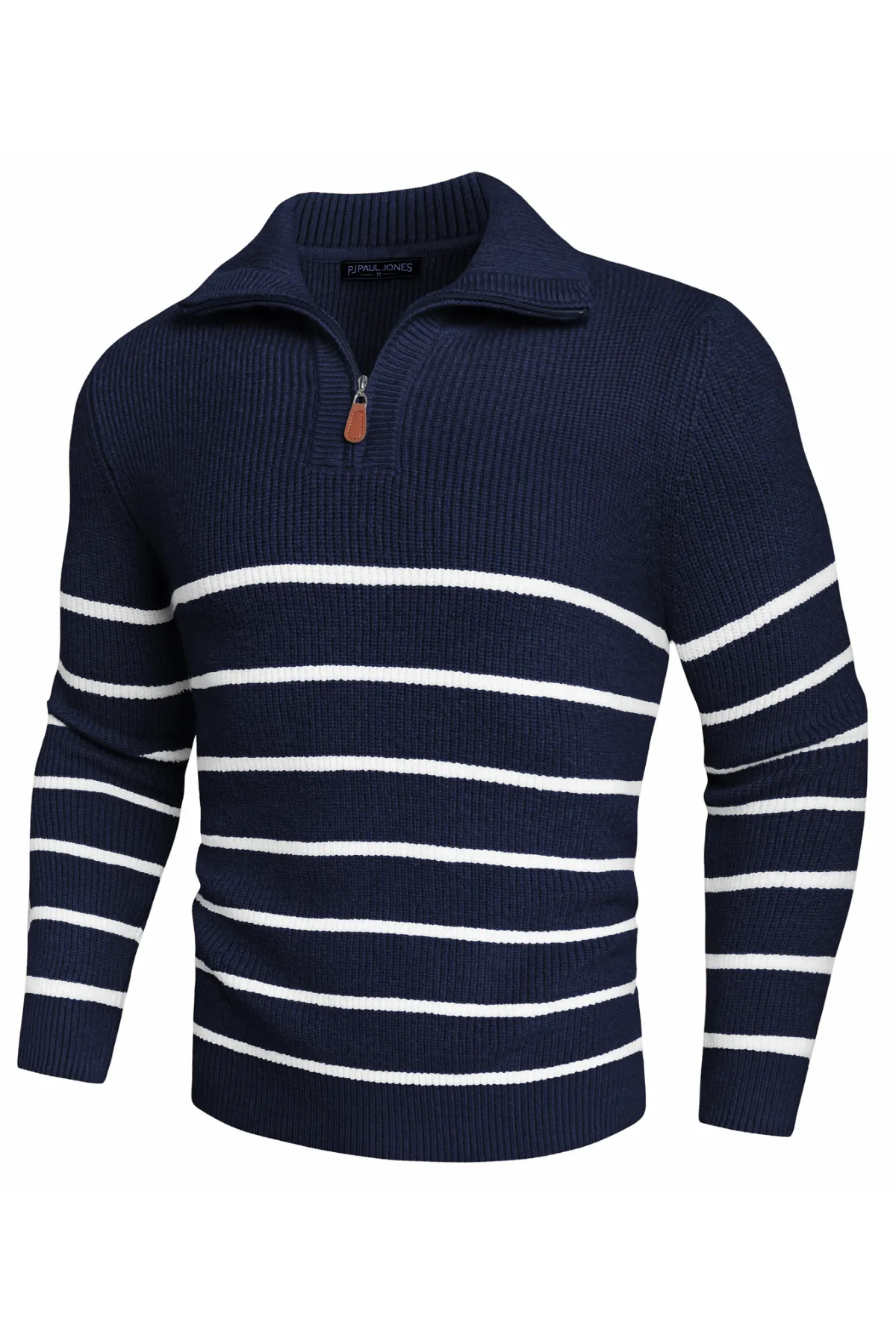 Men Striped Sweater Long Sleeve Lapel Collar Zip-up Neck Pullover