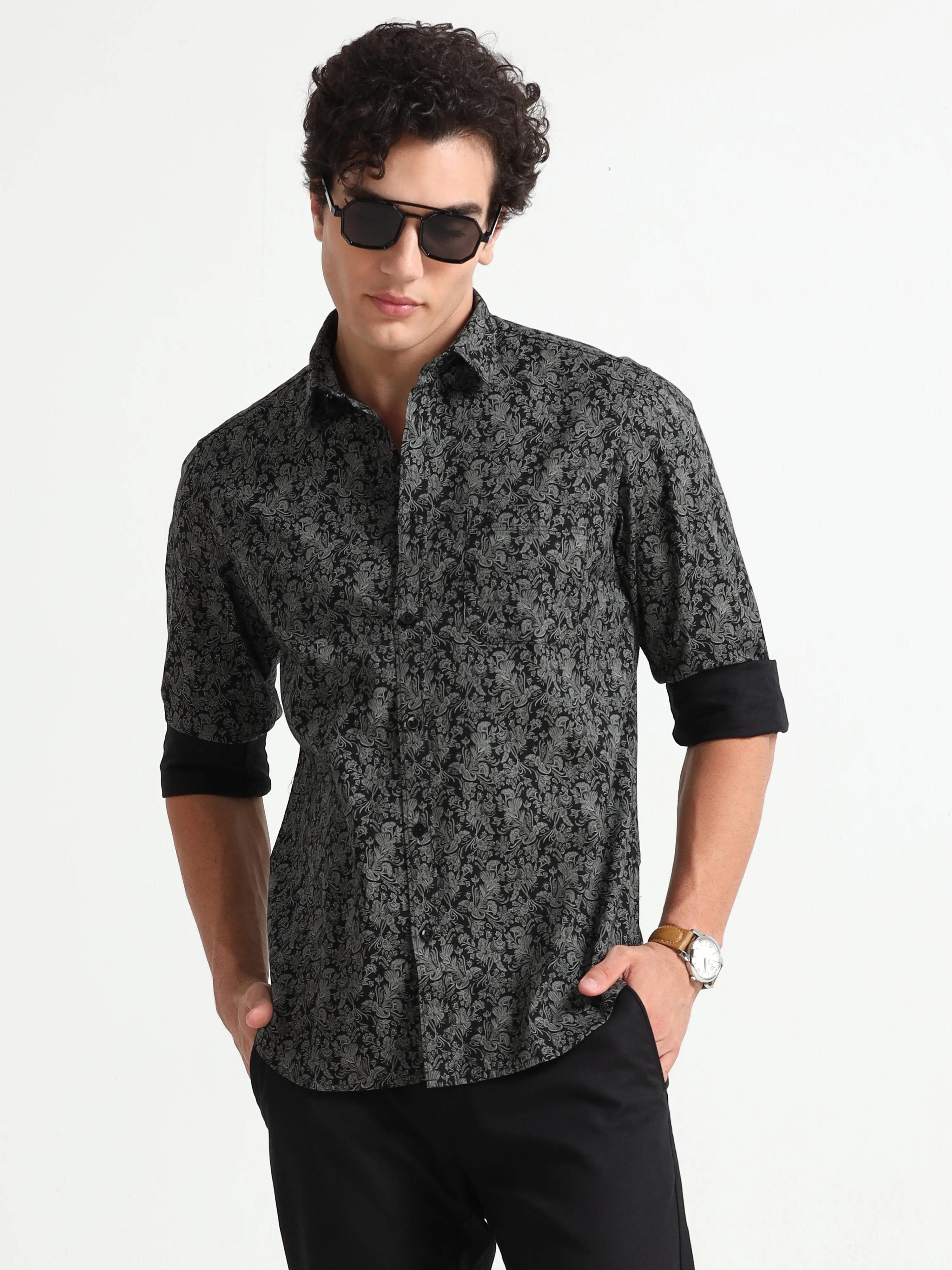 MEN'S BLACK PRINT  SLIM FIT SHIRT