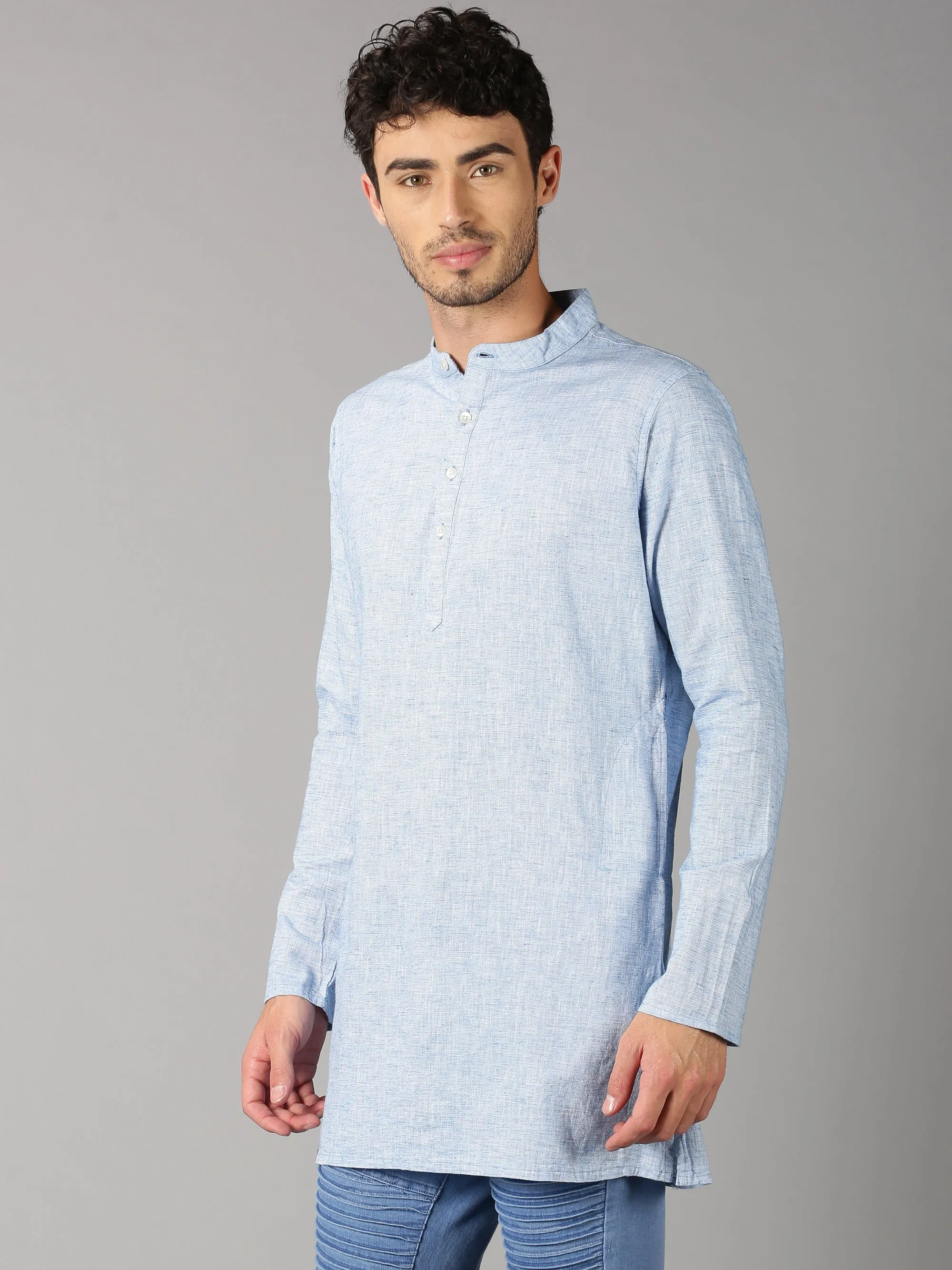 MEN'S BLUE SOLID SLIM FIT KURTHA