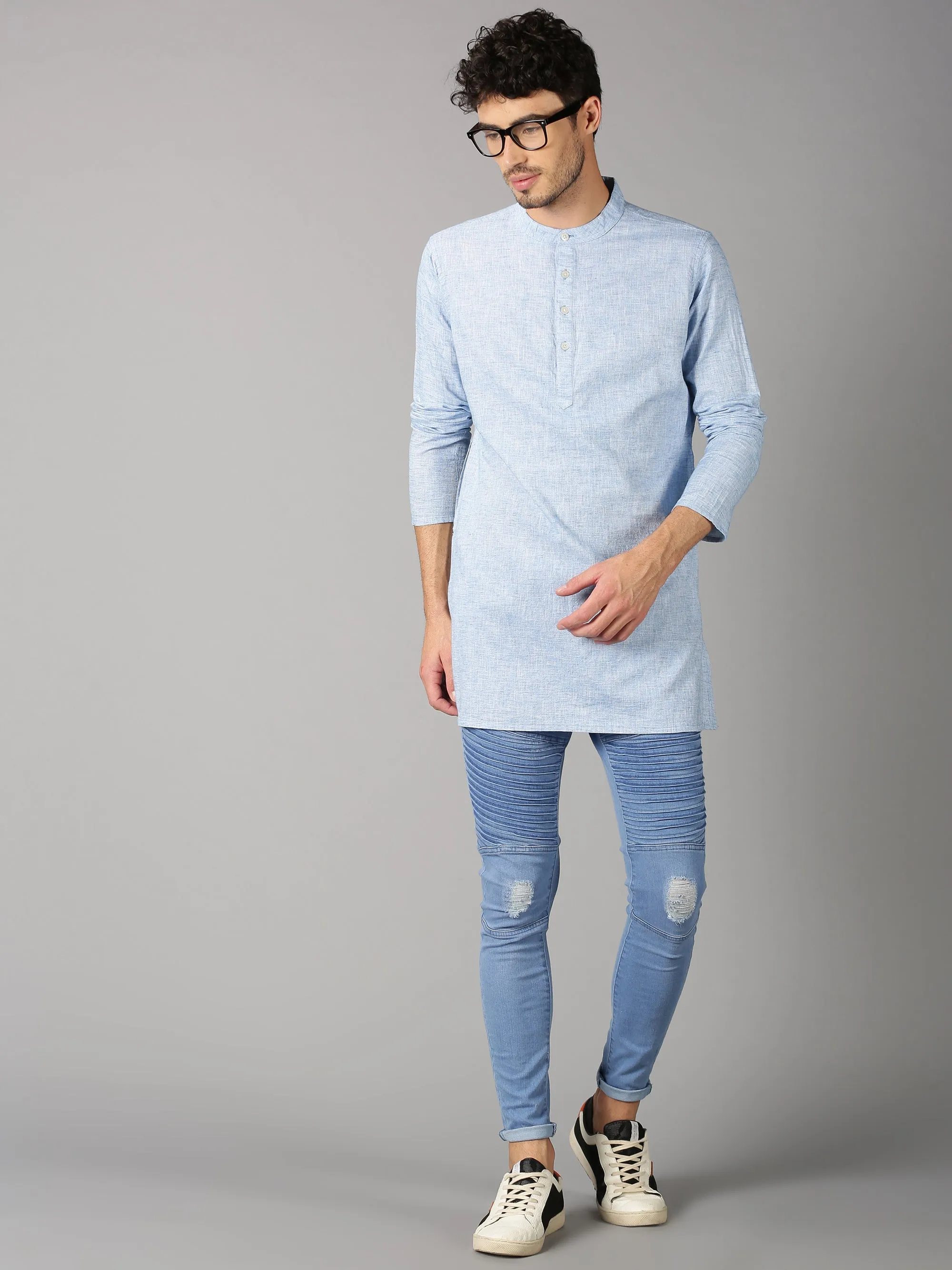 MEN'S BLUE SOLID SLIM FIT KURTHA