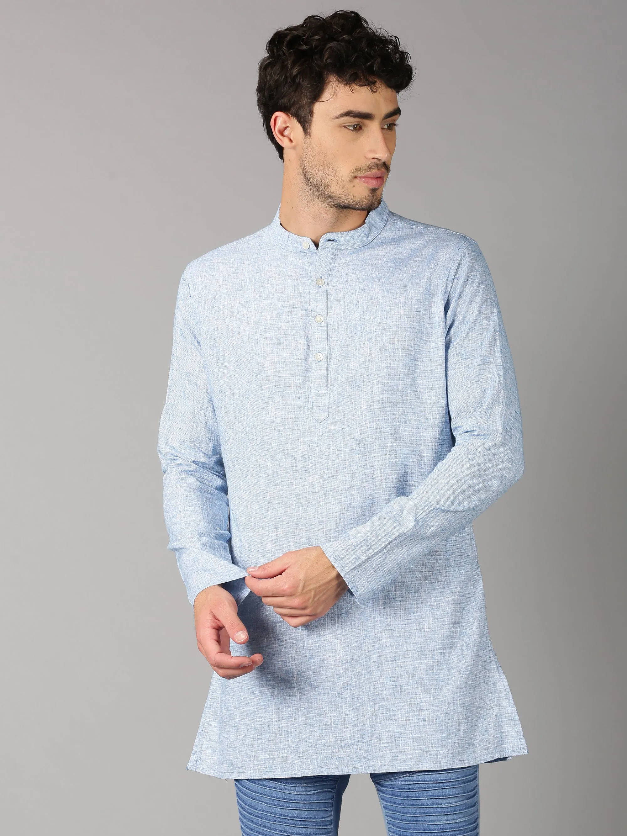 MEN'S BLUE SOLID SLIM FIT KURTHA