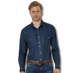 Men's Blue Western Shirt in Twill Cotton with Western Yoke