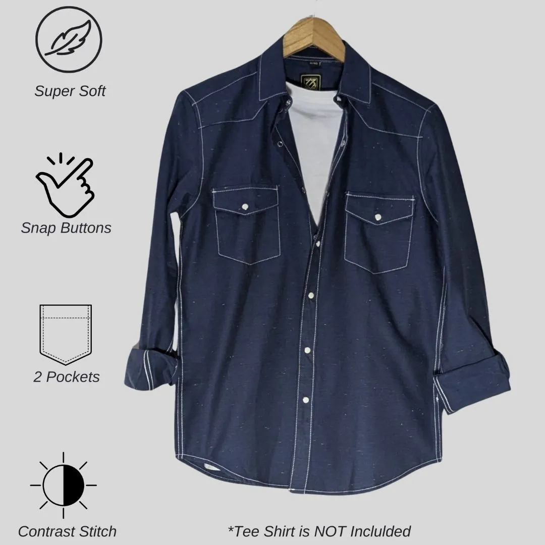 Men's Blue Western Shirt in Twill Cotton with Western Yoke