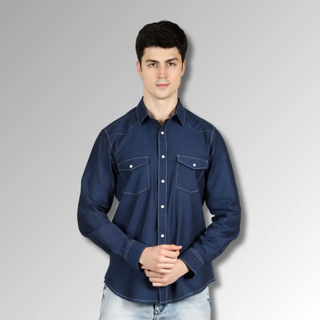 Men's Blue Western Shirt in Twill Cotton with Western Yoke