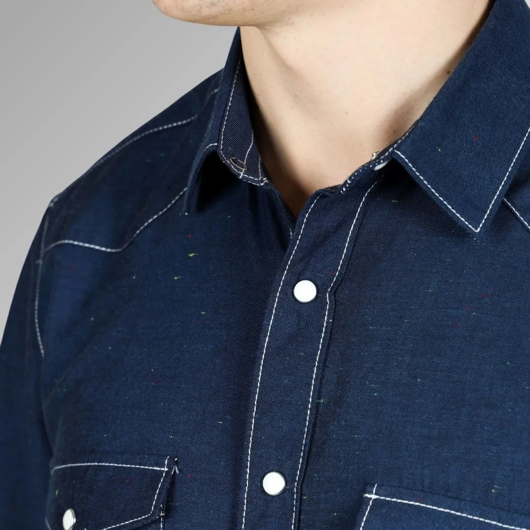 Men's Blue Western Shirt in Twill Cotton with Western Yoke