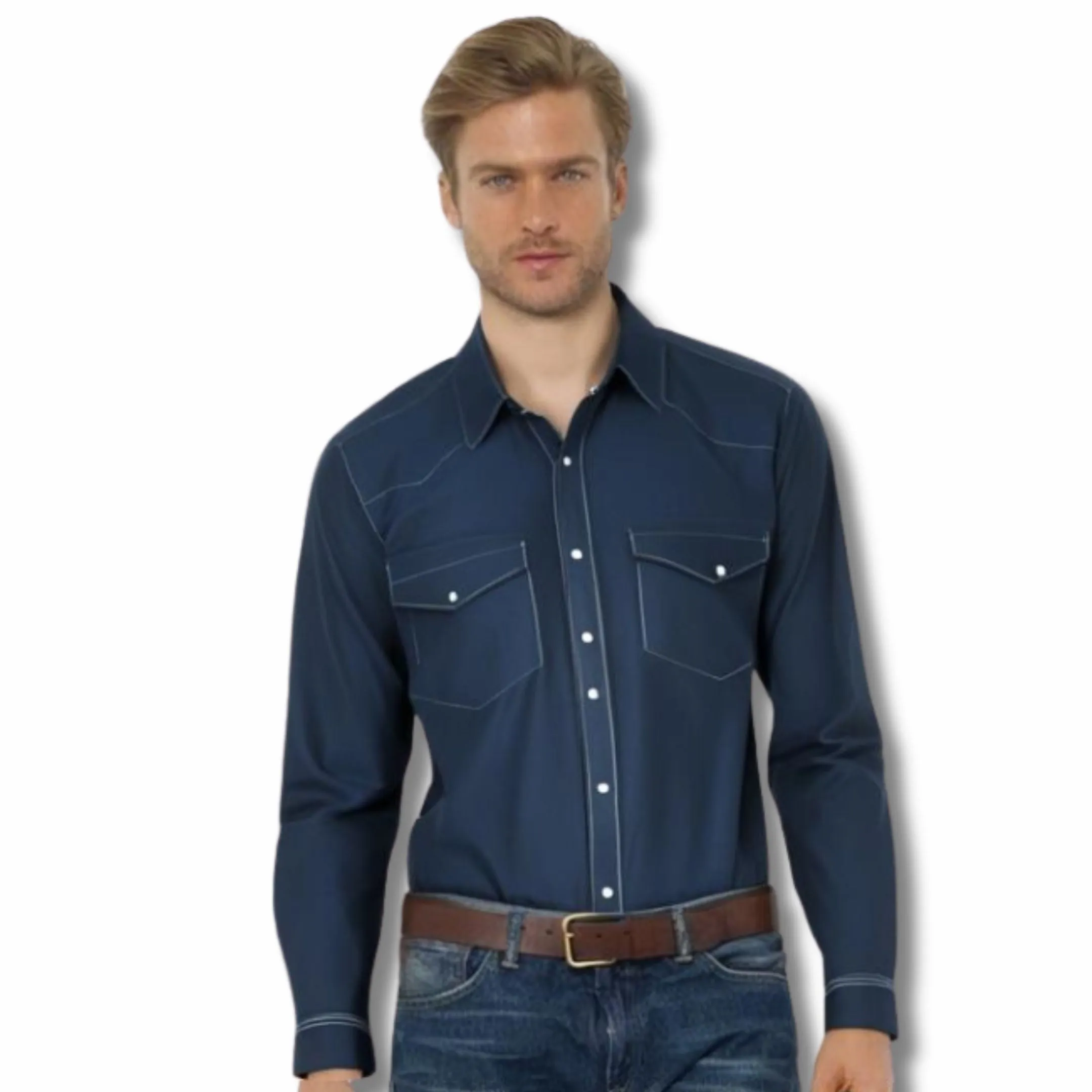 Men's Blue Western Shirt in Twill Cotton with Western Yoke