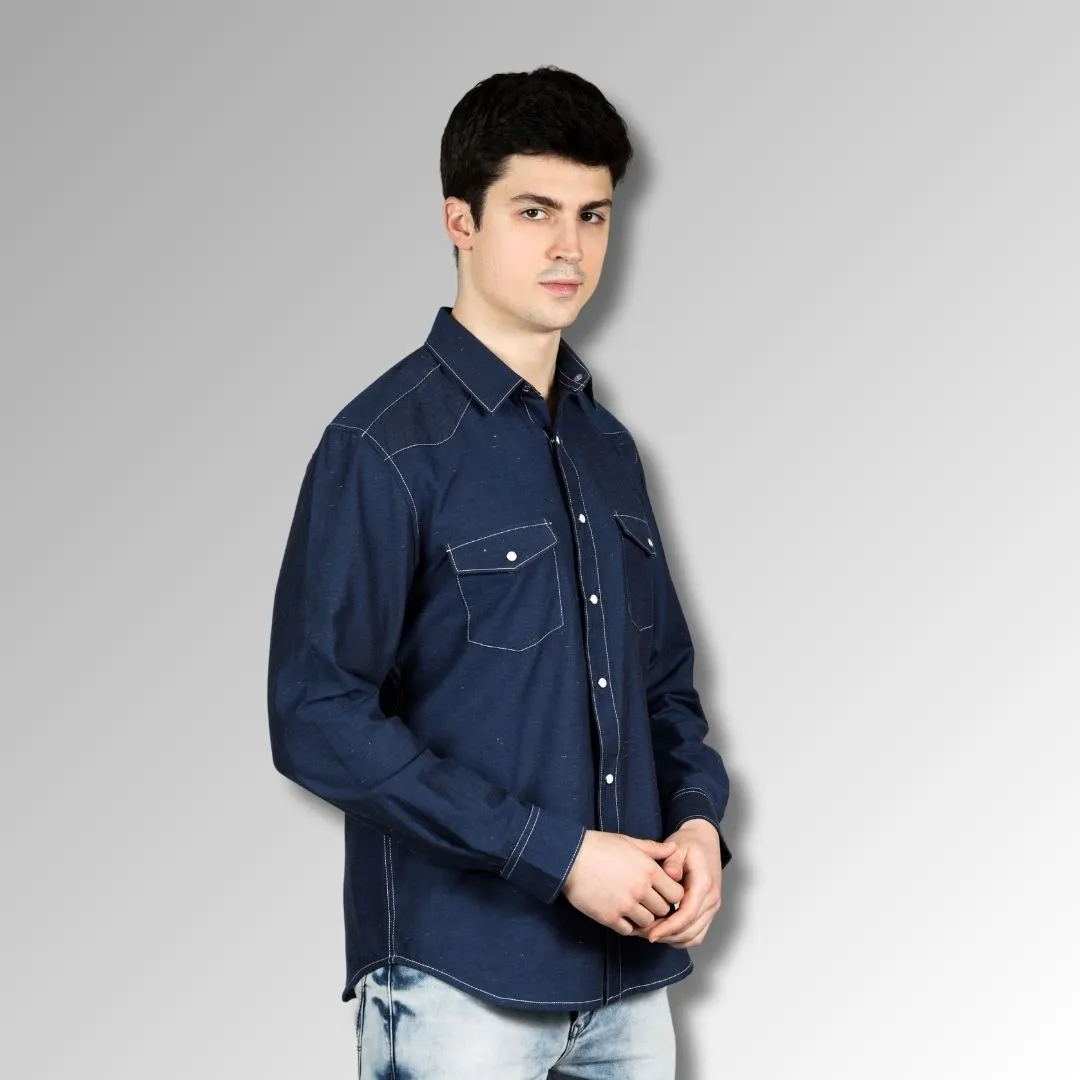 Men's Blue Western Shirt in Twill Cotton with Western Yoke