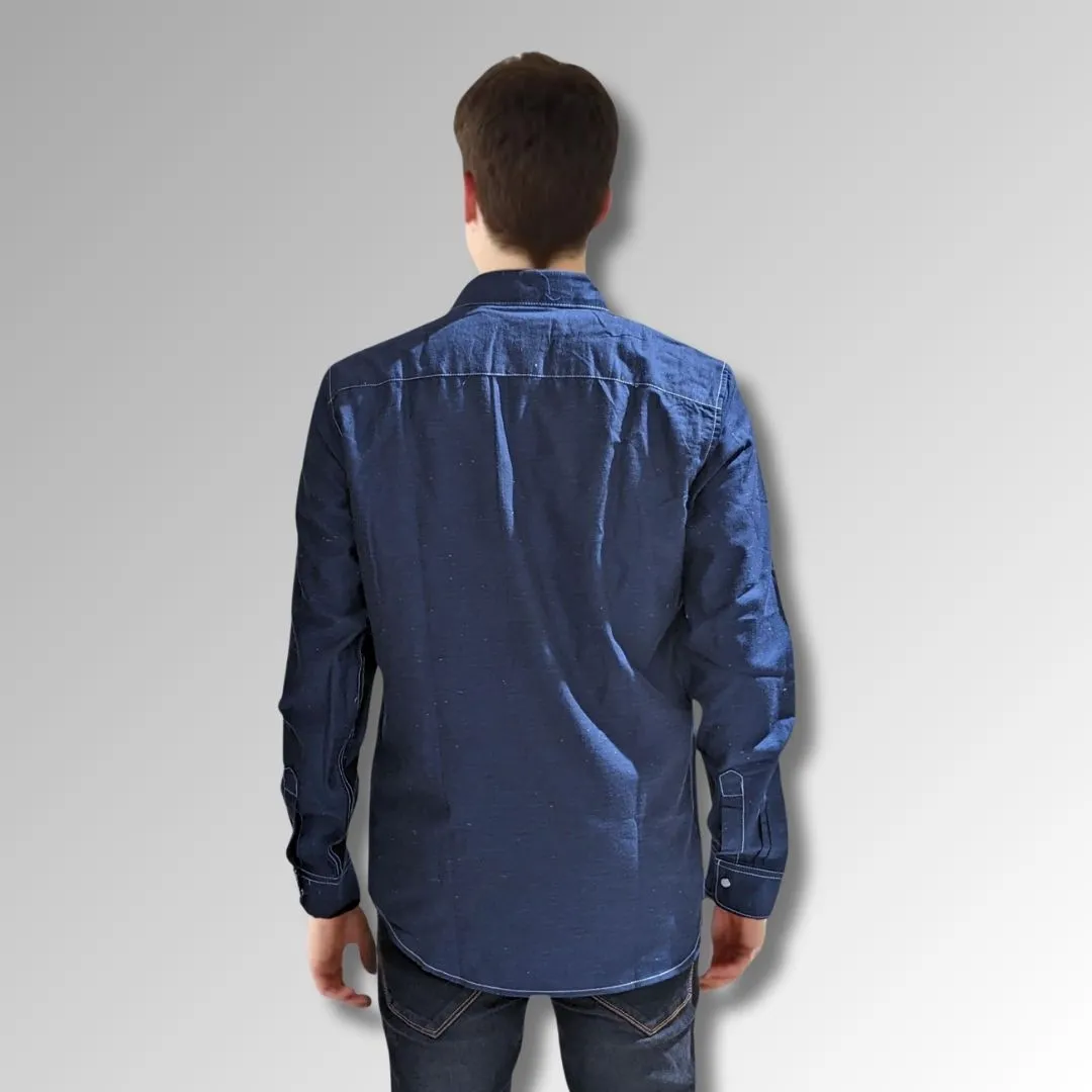 Men's Blue Western Shirt in Twill Cotton with Western Yoke