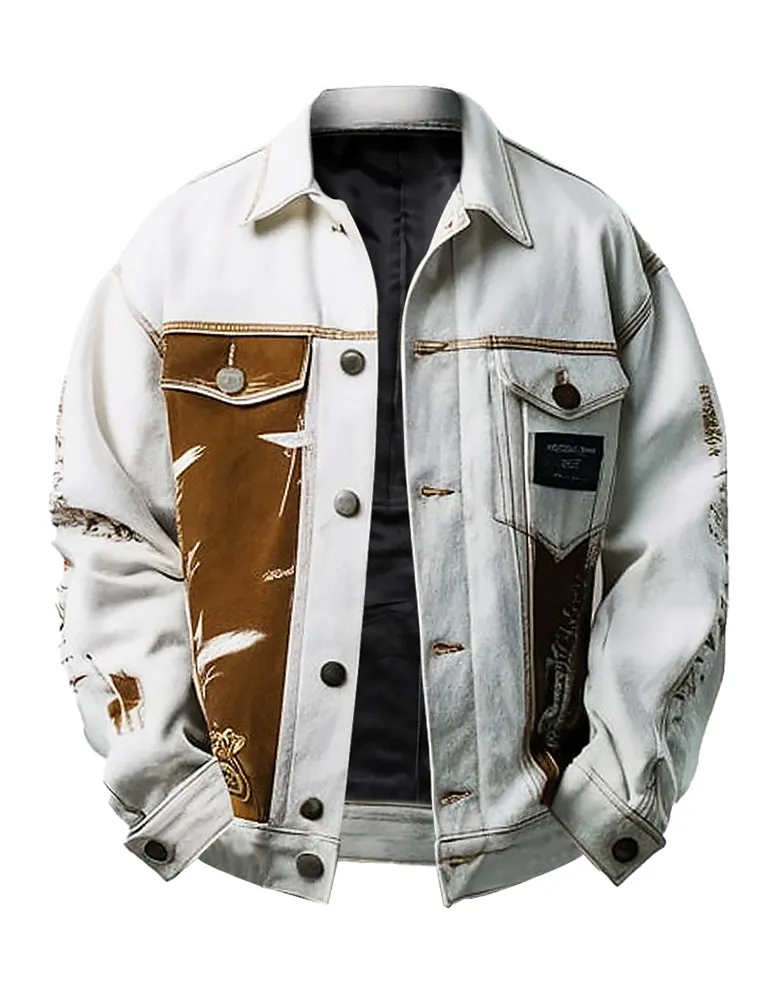 Men's Brown Abstract Print Design Denim Jacket