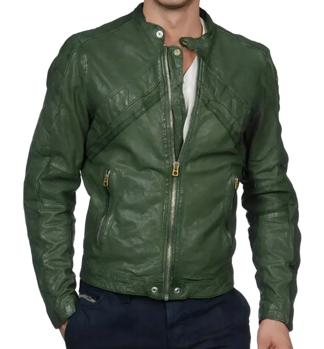 Men’s Casual Wear Green Leather Biker Jacket