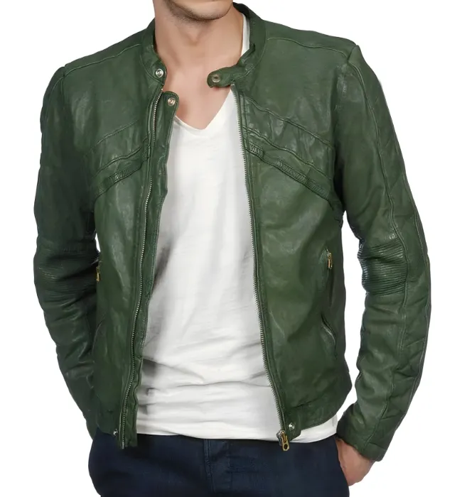 Men’s Casual Wear Green Leather Biker Jacket