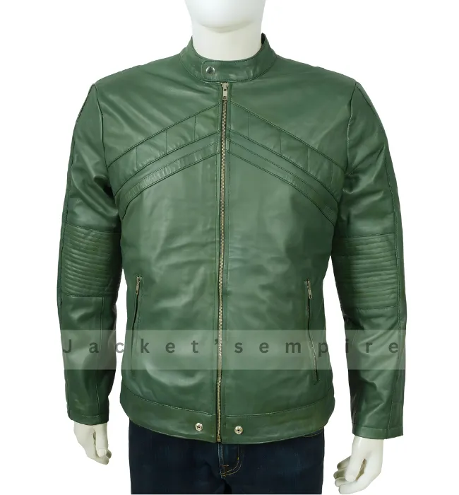 Men’s Casual Wear Green Leather Biker Jacket