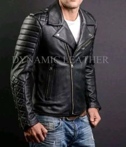 MEN’S FASHION GENUINE LEATHER SLIM FIT QUILTED BLACK LEATHER BIKER JACKET