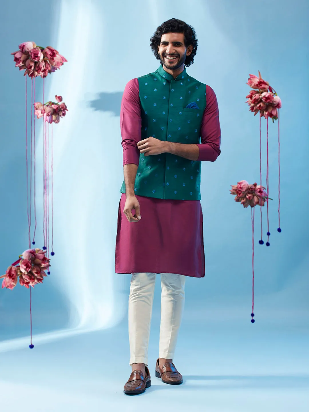 Men's Green Kurta Jacket Trouser Set