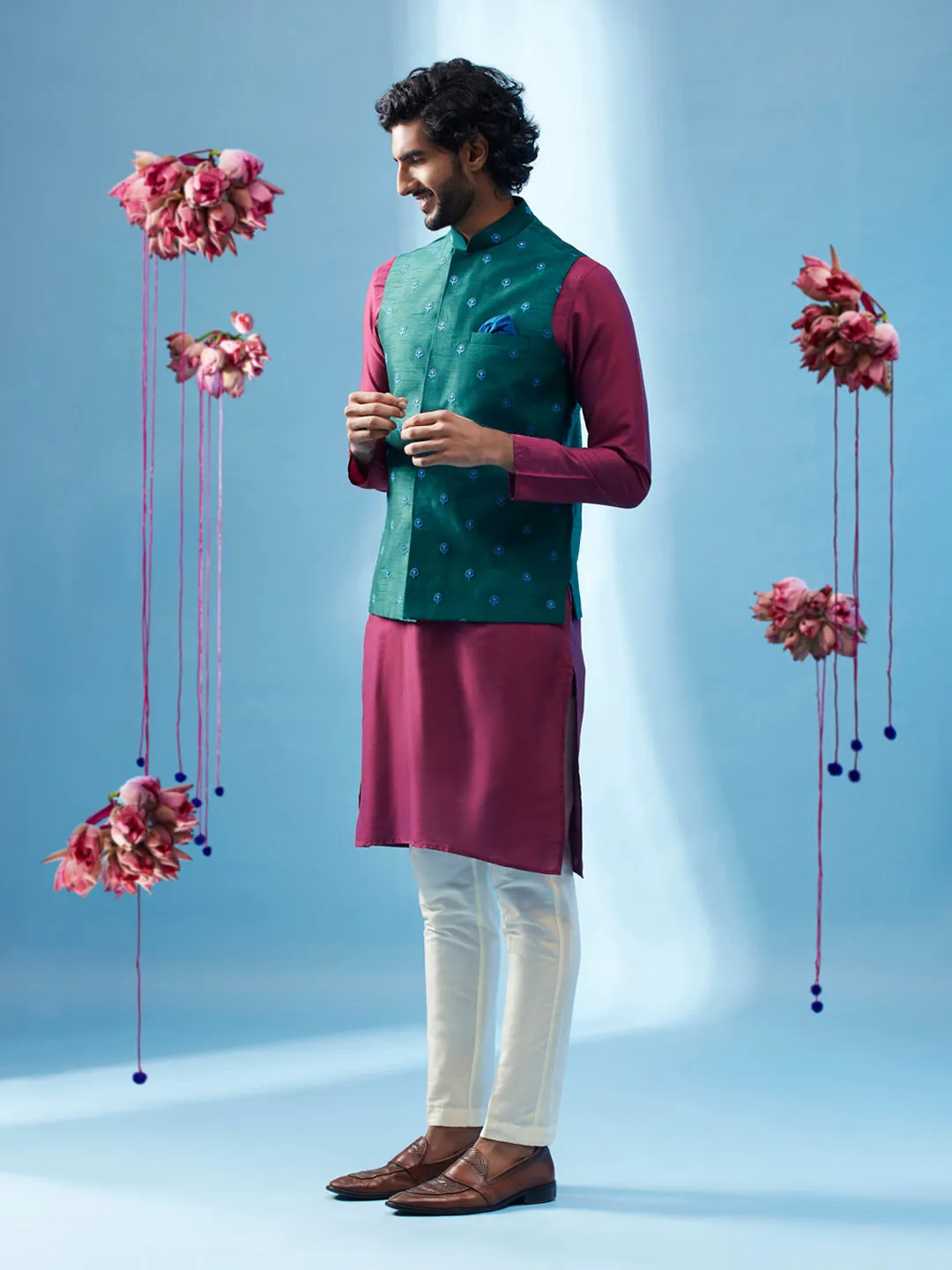 Men's Green Kurta Jacket Trouser Set