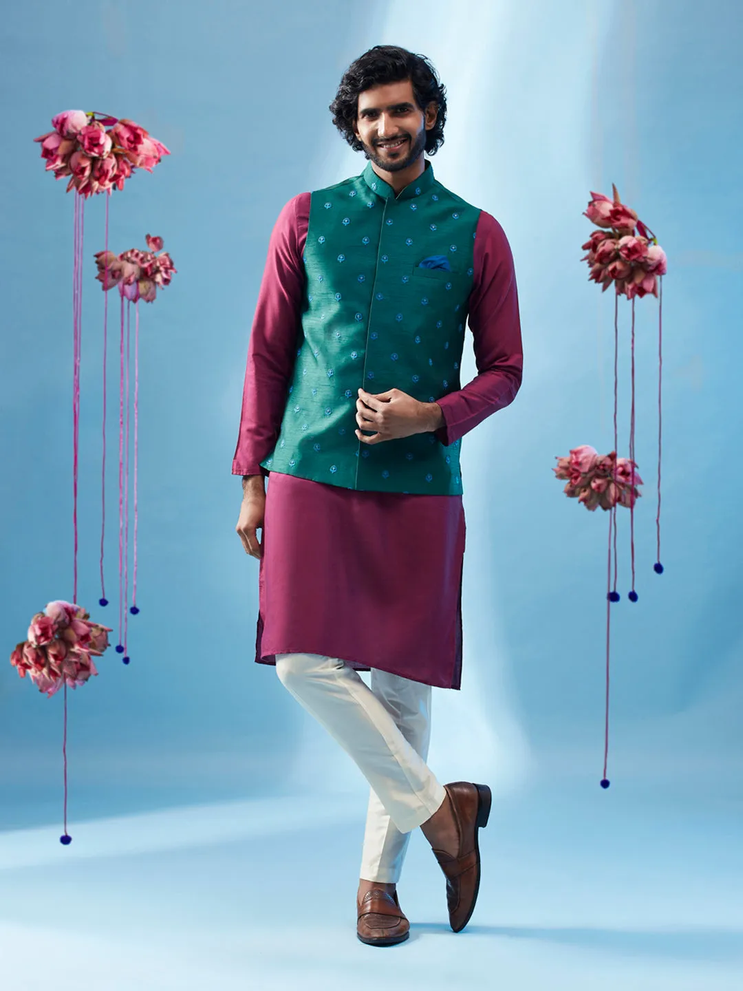 Men's Green Kurta Jacket Trouser Set