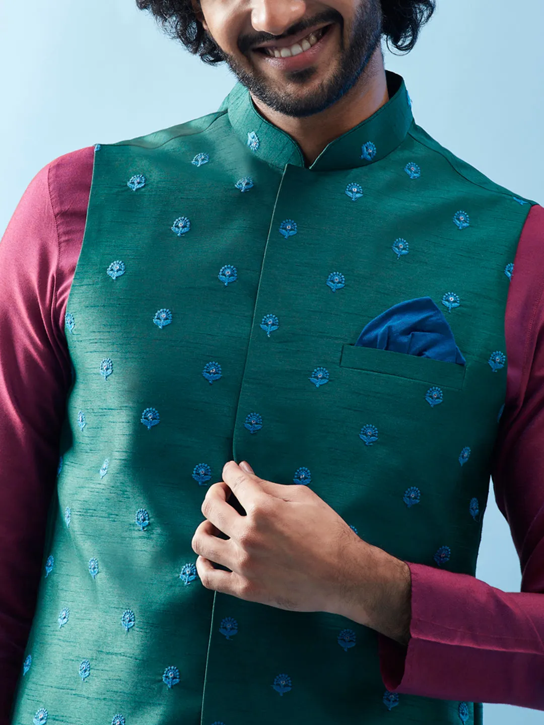 Men's Green Kurta Jacket Trouser Set