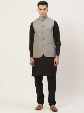 Men's Kurta Pyjama With Grey Solid Nehru Jacket