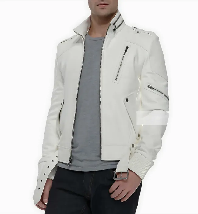 Mens Racer Moto Biker White Leather Jacket