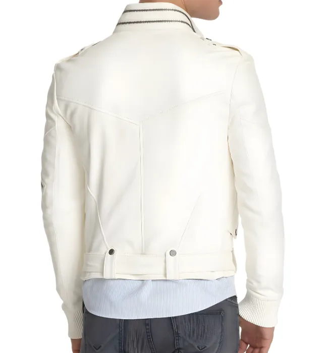 Mens Racer Moto Biker White Leather Jacket