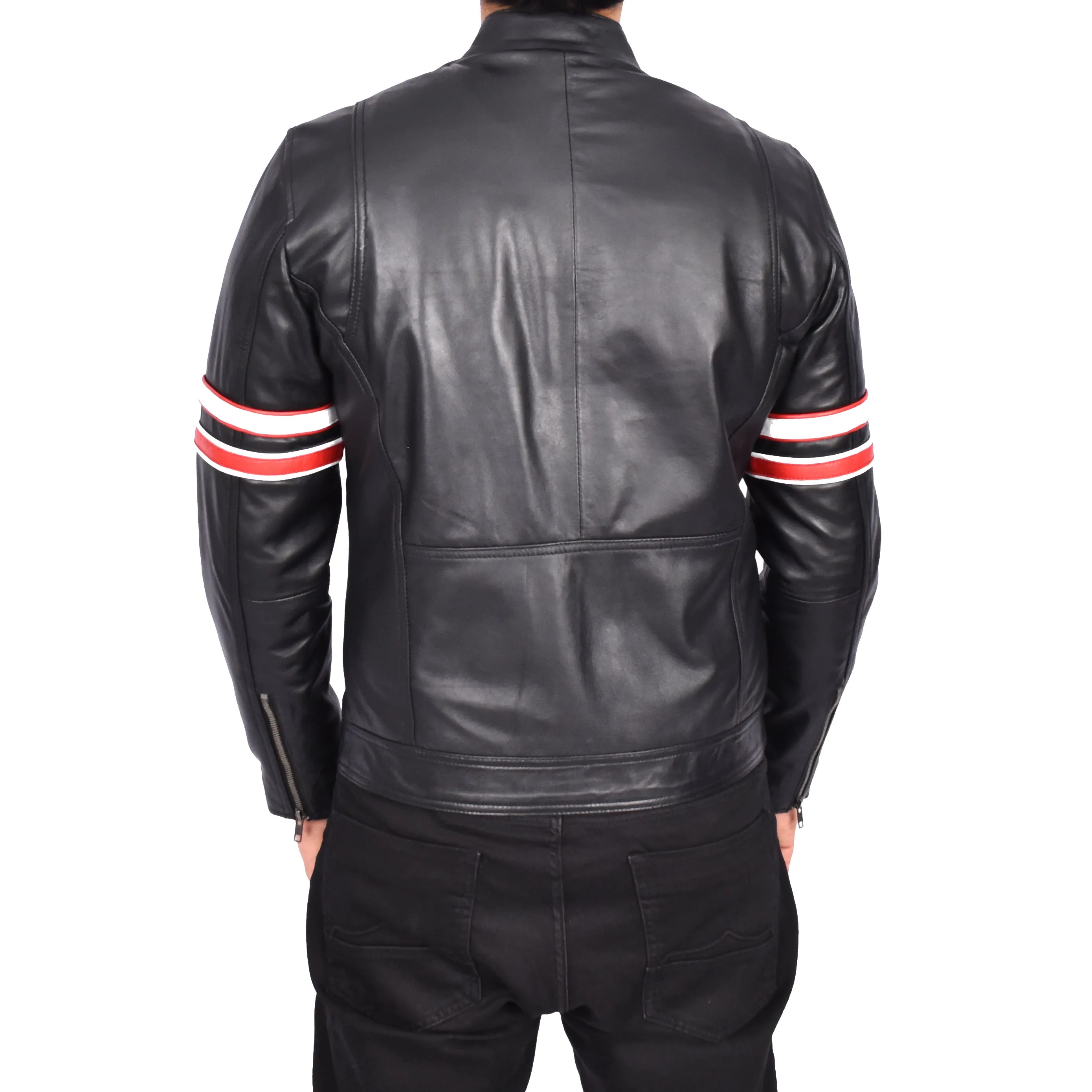 Mens Real Leather Biker Jacket Zip Fasten Casual Cafe Racer Style Wilder Black