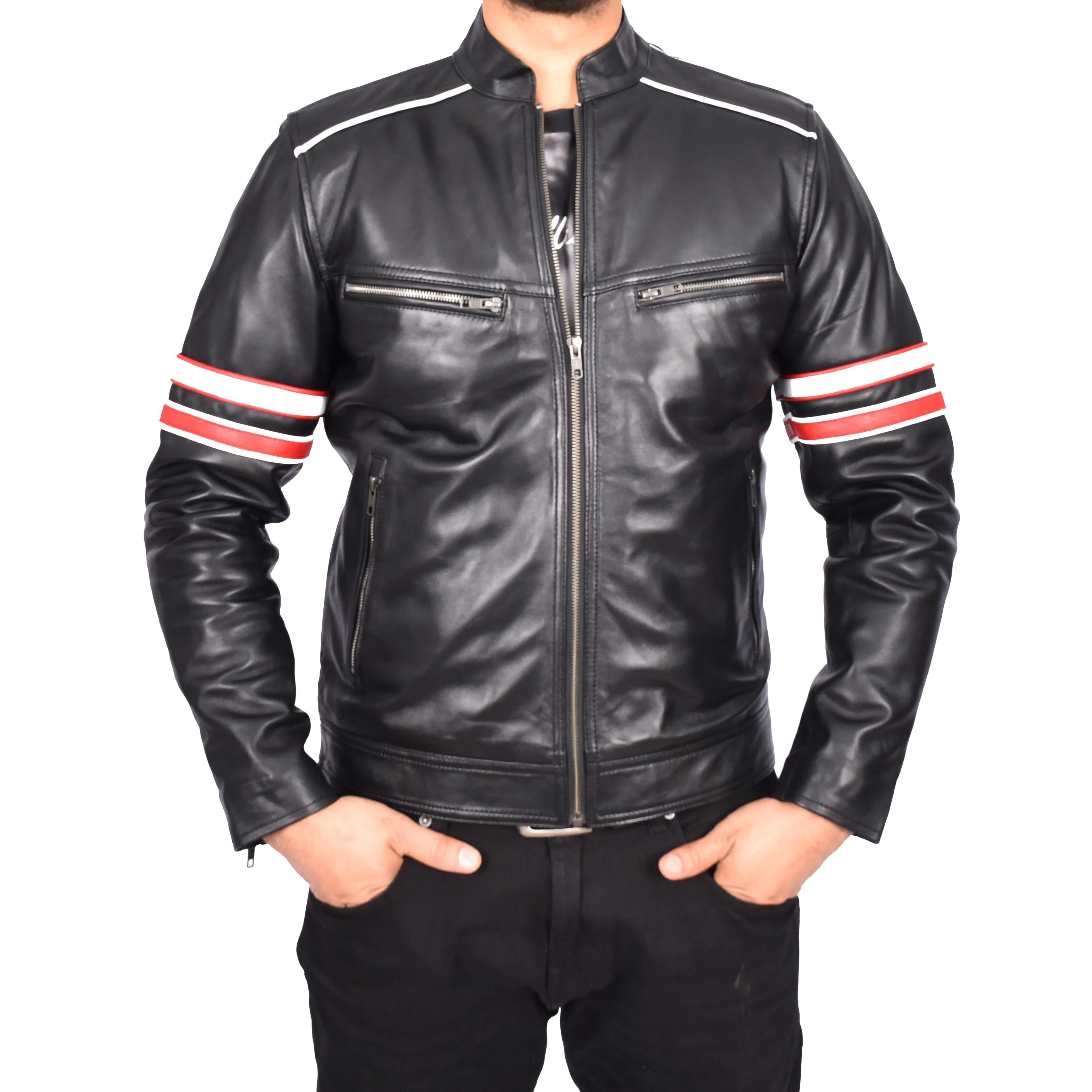 Mens Real Leather Biker Jacket Zip Fasten Casual Cafe Racer Style Wilder Black