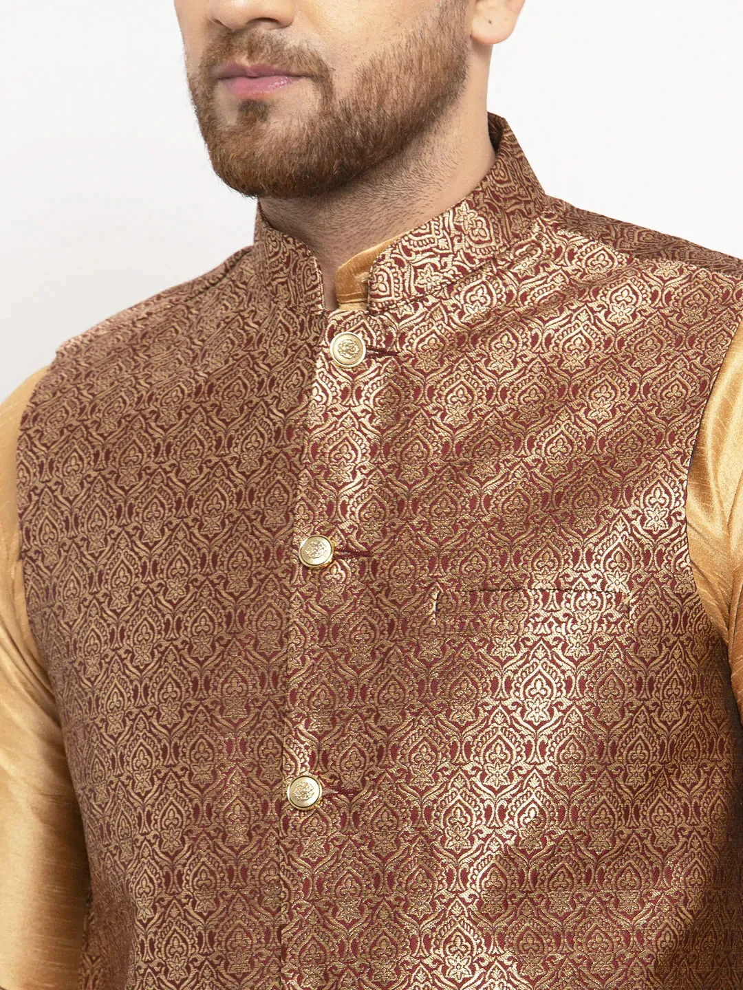 Men'S Solid Dupion Kurta Pajama With Woven Jacqaurd Waistcoat