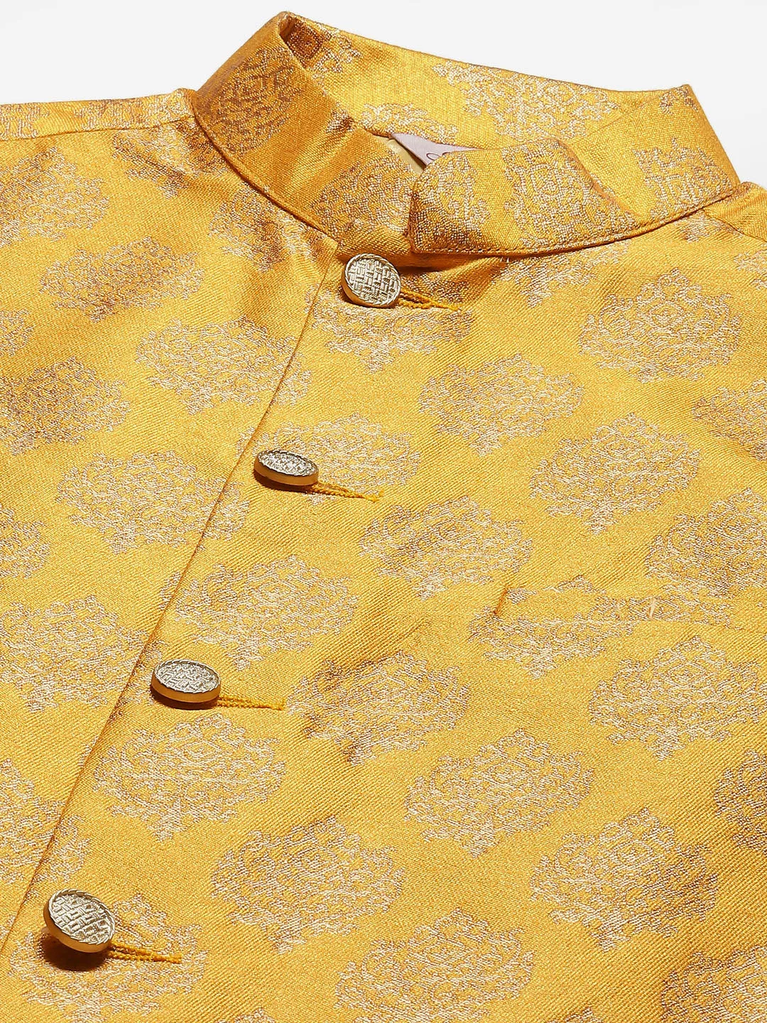 Men's Solid Kurta Pyjama With Floral Mustard Printed Nehru Jacket