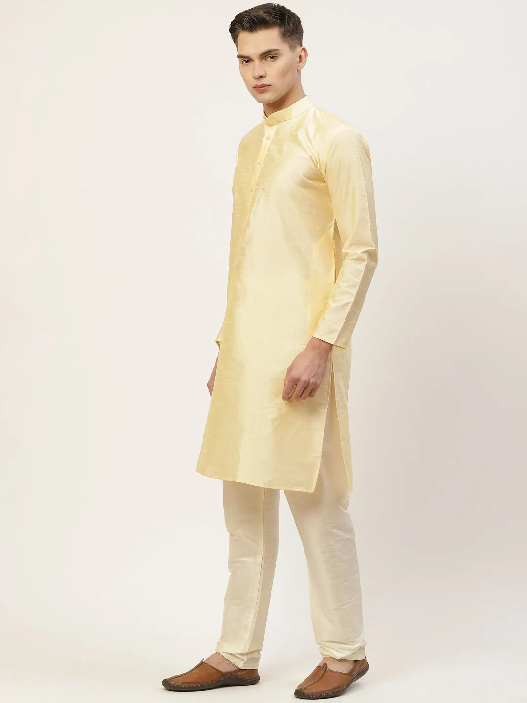 Men's Solid Kurta Pyjama With Floral Mustard Printed Nehru Jacket