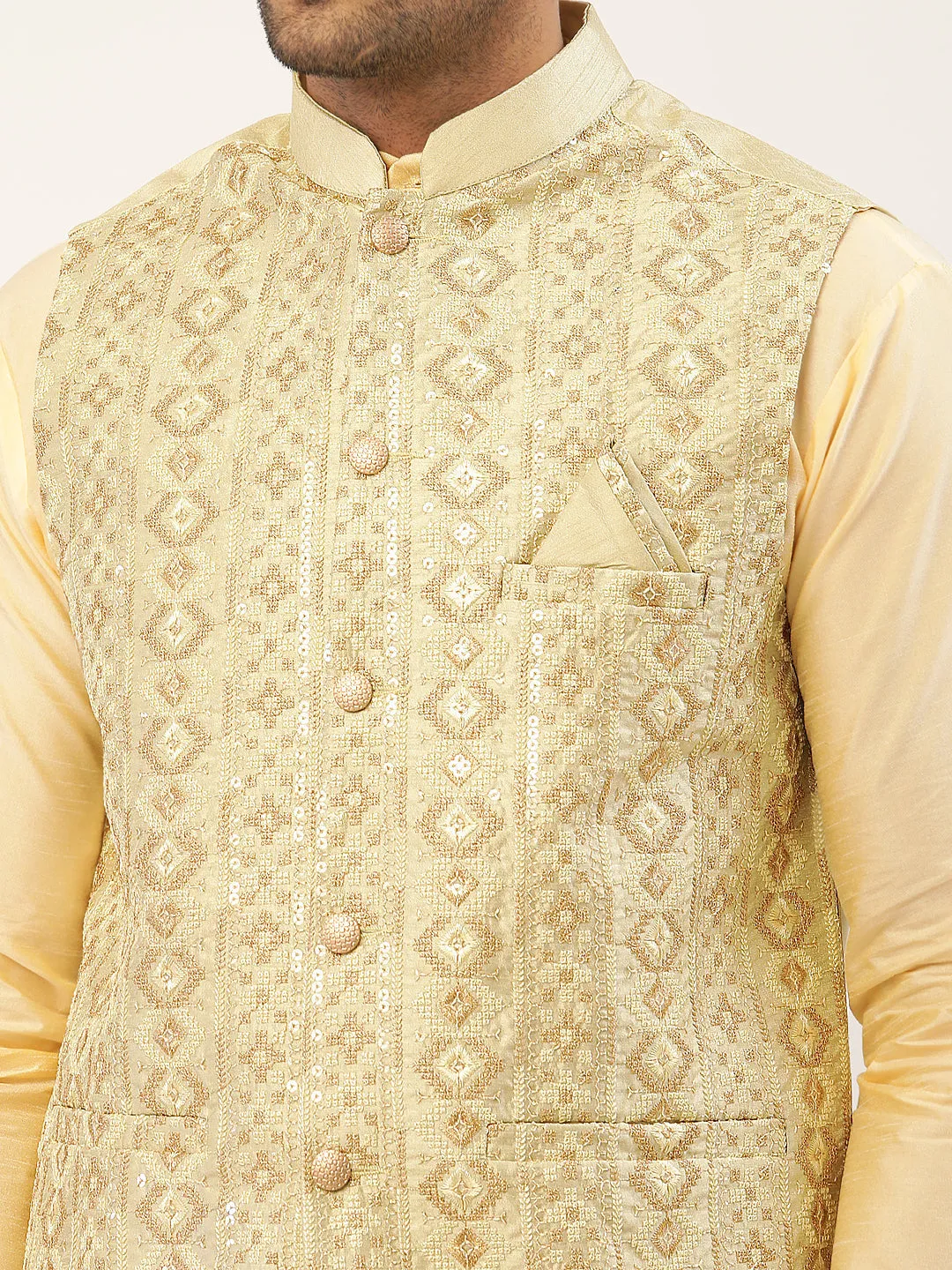 Men's Solid Kurta Pyjama With Pista Green Embroidered Nehru Jacket