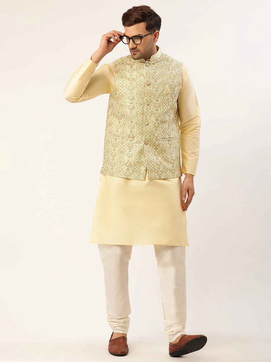 Men's Solid Kurta Pyjama With Pista Green Embroidered Nehru Jacket