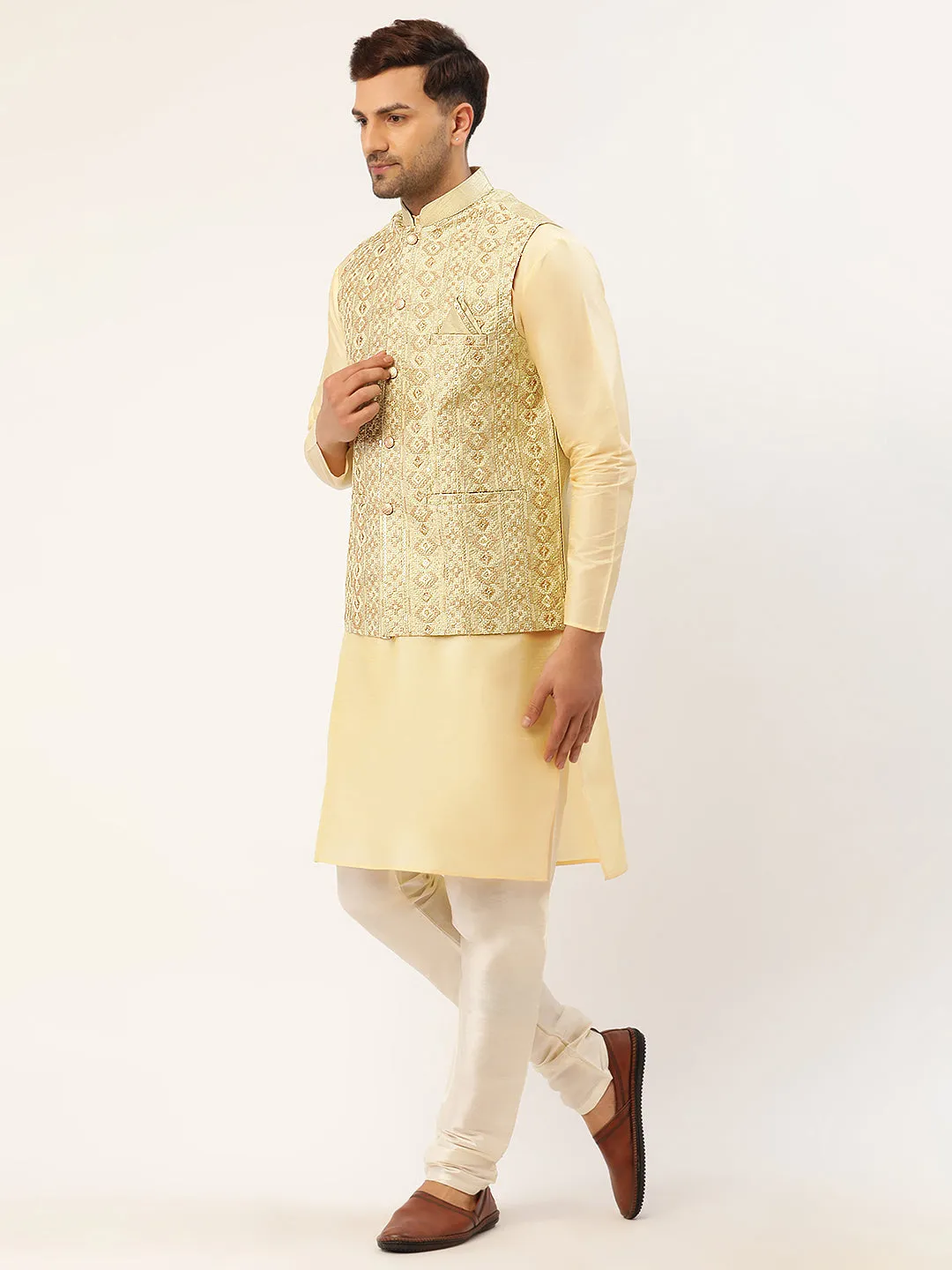 Men's Solid Kurta Pyjama With Pista Green Embroidered Nehru Jacket