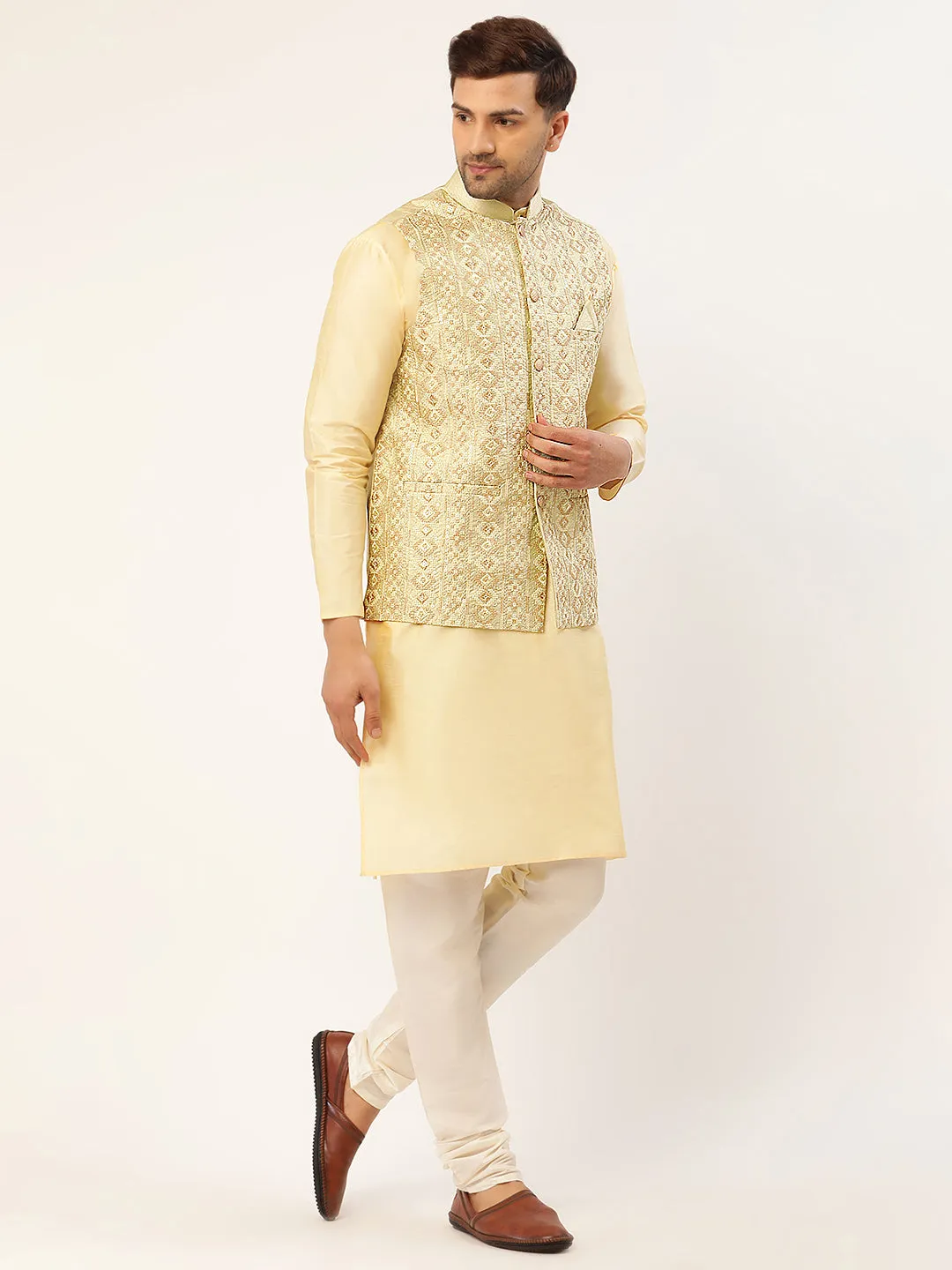 Men's Solid Kurta Pyjama With Pista Green Embroidered Nehru Jacket