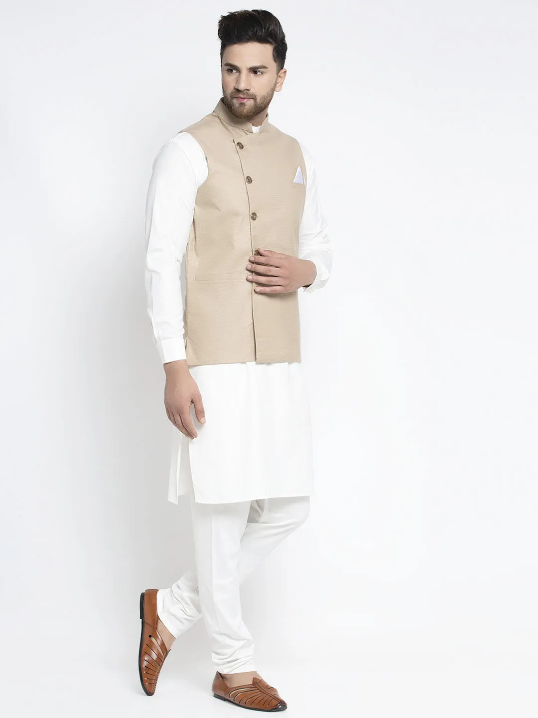 Men's Solid White Cotton Kurta Payjama with Geometric Waistcoat ( JOKPWC OW-F 4022 Beige ) - Virat Fashions