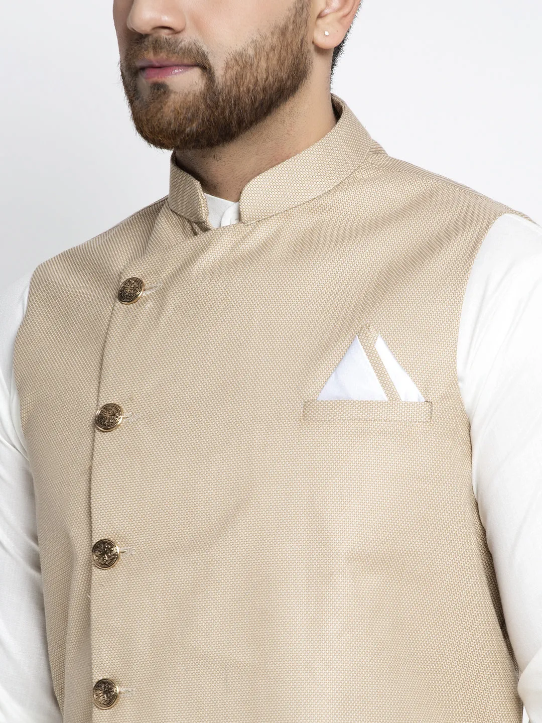 Men's Solid White Cotton Kurta Payjama with Geometric Waistcoat ( JOKPWC OW-F 4022 Beige ) - Virat Fashions