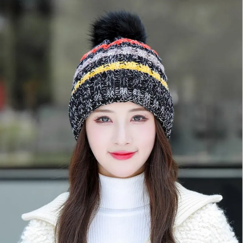 Multicolor Double Layer Knitted Pom Pom Winter Beanie Hats