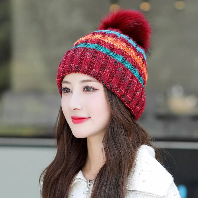 Multicolor Double Layer Knitted Pom Pom Winter Beanie Hats