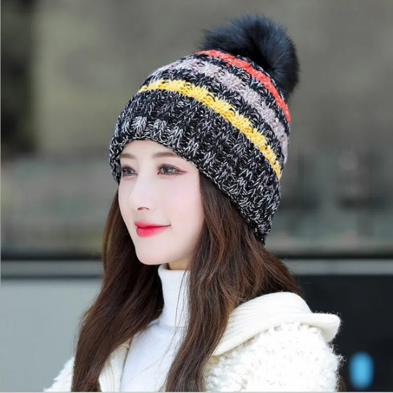 Multicolor Double Layer Knitted Pom Pom Winter Beanie Hats