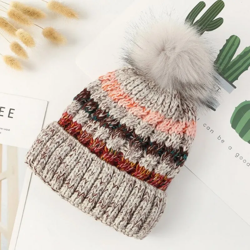 Multicolor Double Layer Knitted Pom Pom Winter Beanie Hats