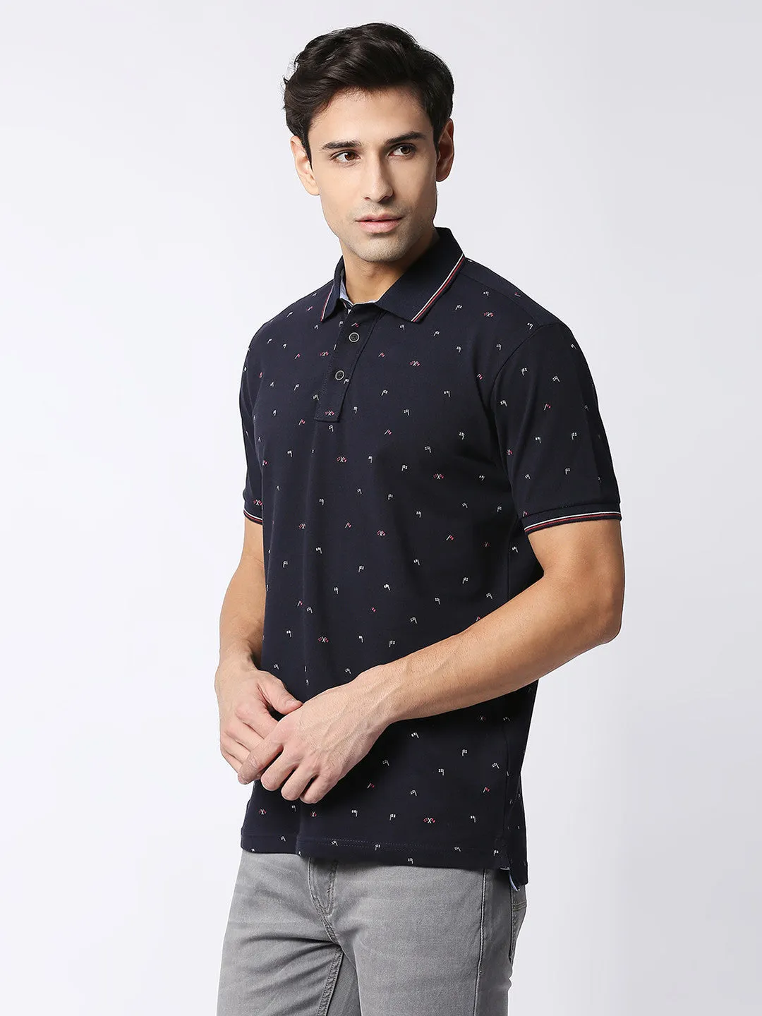 Navy Blue Cotton Lycra Printed Polo T-shirt