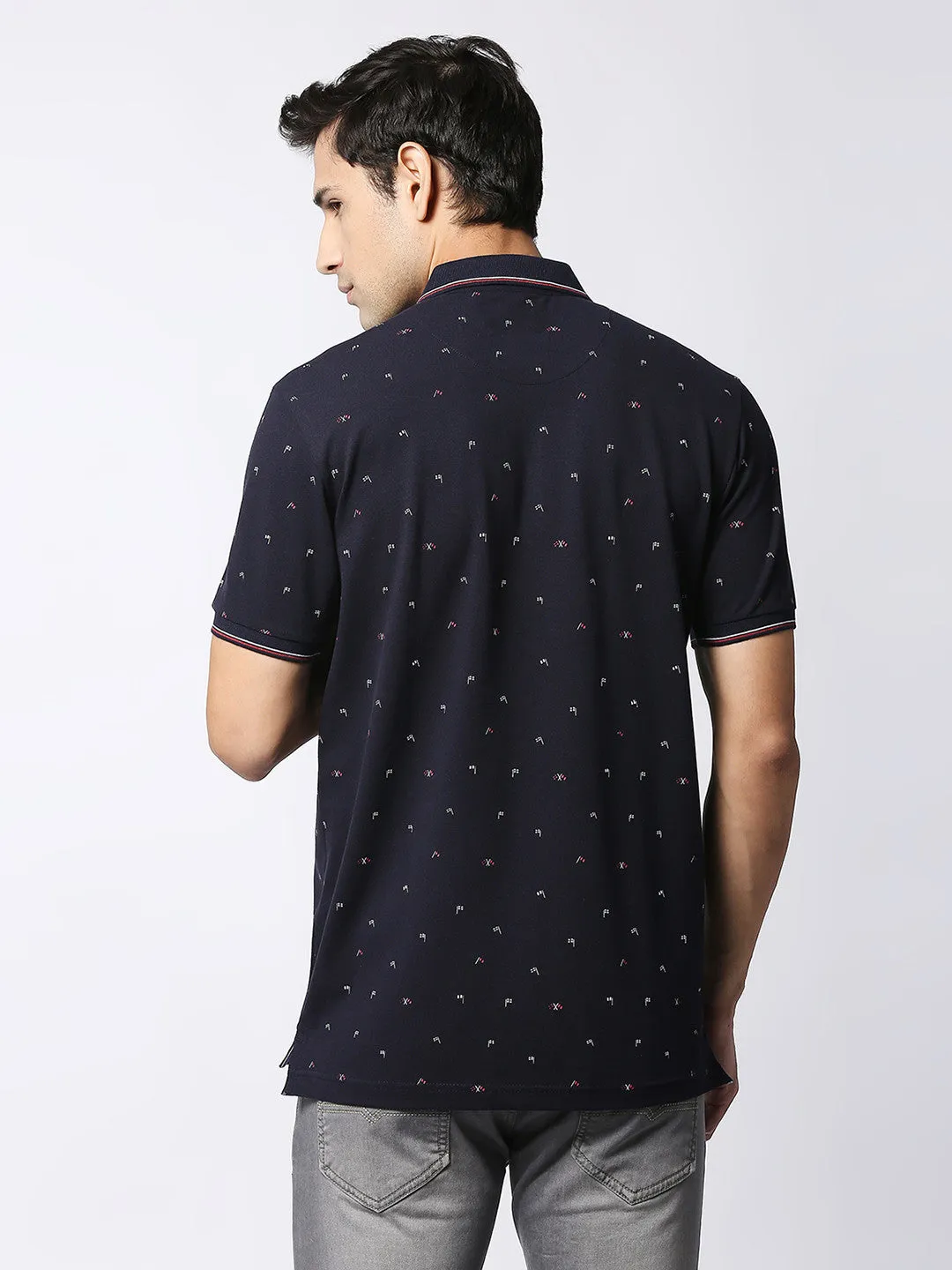 Navy Blue Cotton Lycra Printed Polo T-shirt