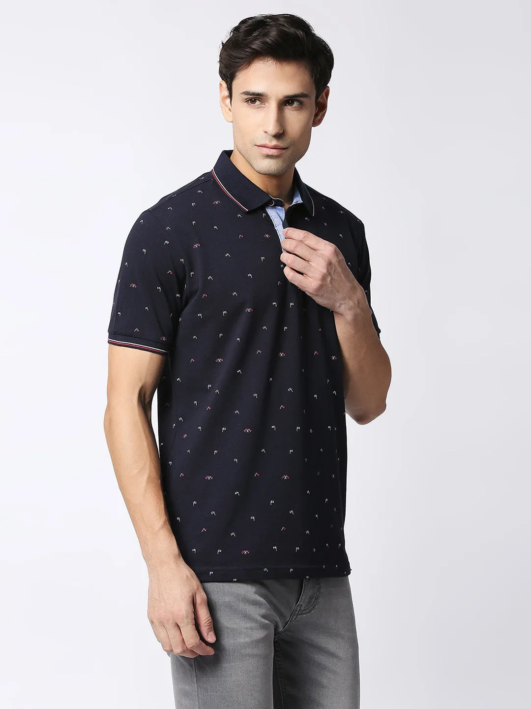 Navy Blue Cotton Lycra Printed Polo T-shirt