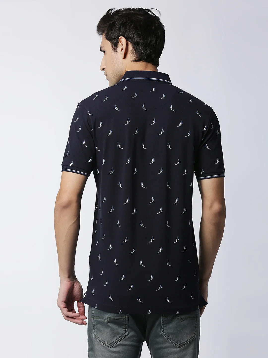 Navy Blue Printed  Polo T-shirt