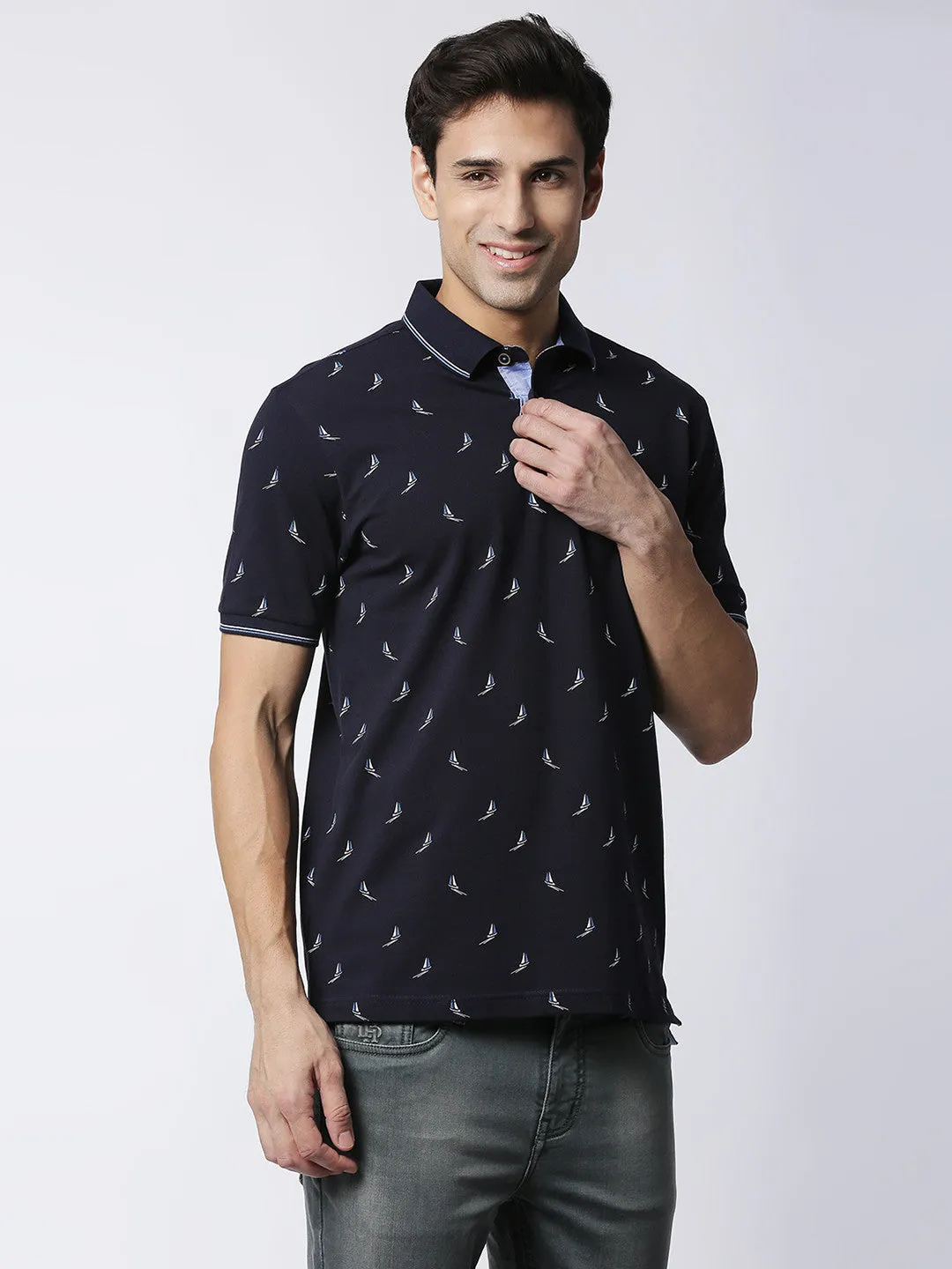 Navy Blue Printed  Polo T-shirt