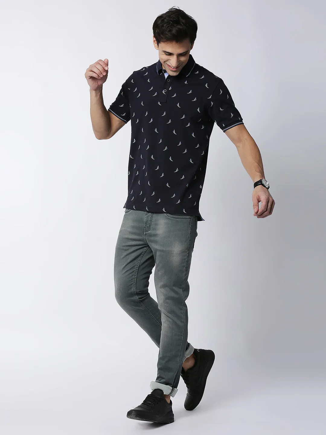 Navy Blue Printed  Polo T-shirt