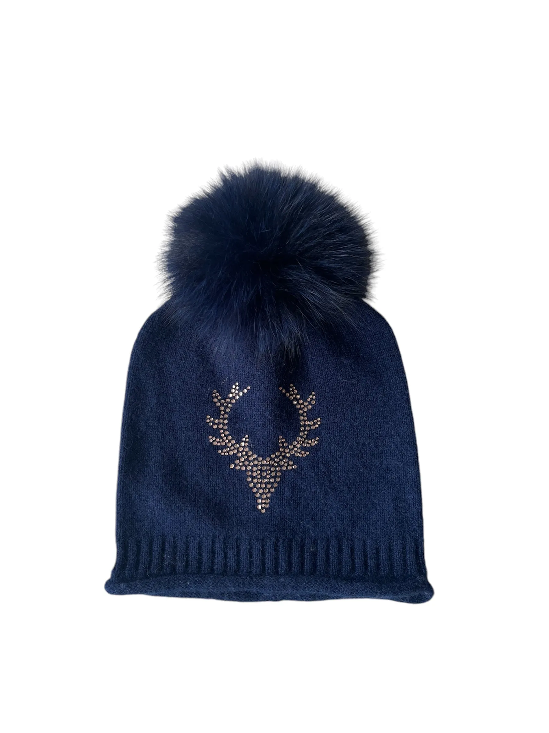 Navy cashmere plain knit beanie with stag embellishment & fur pom