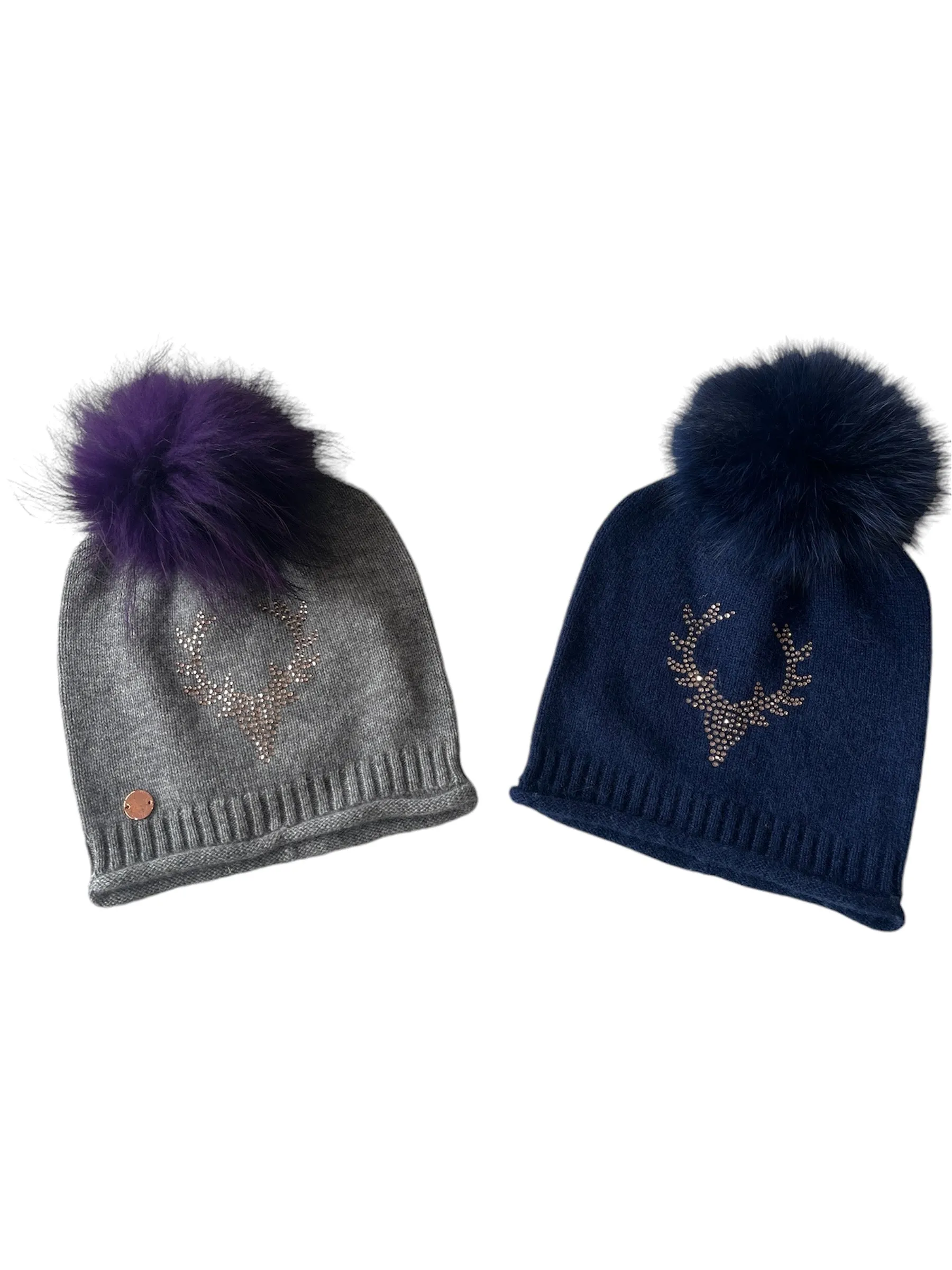 Navy cashmere plain knit beanie with stag embellishment & fur pom